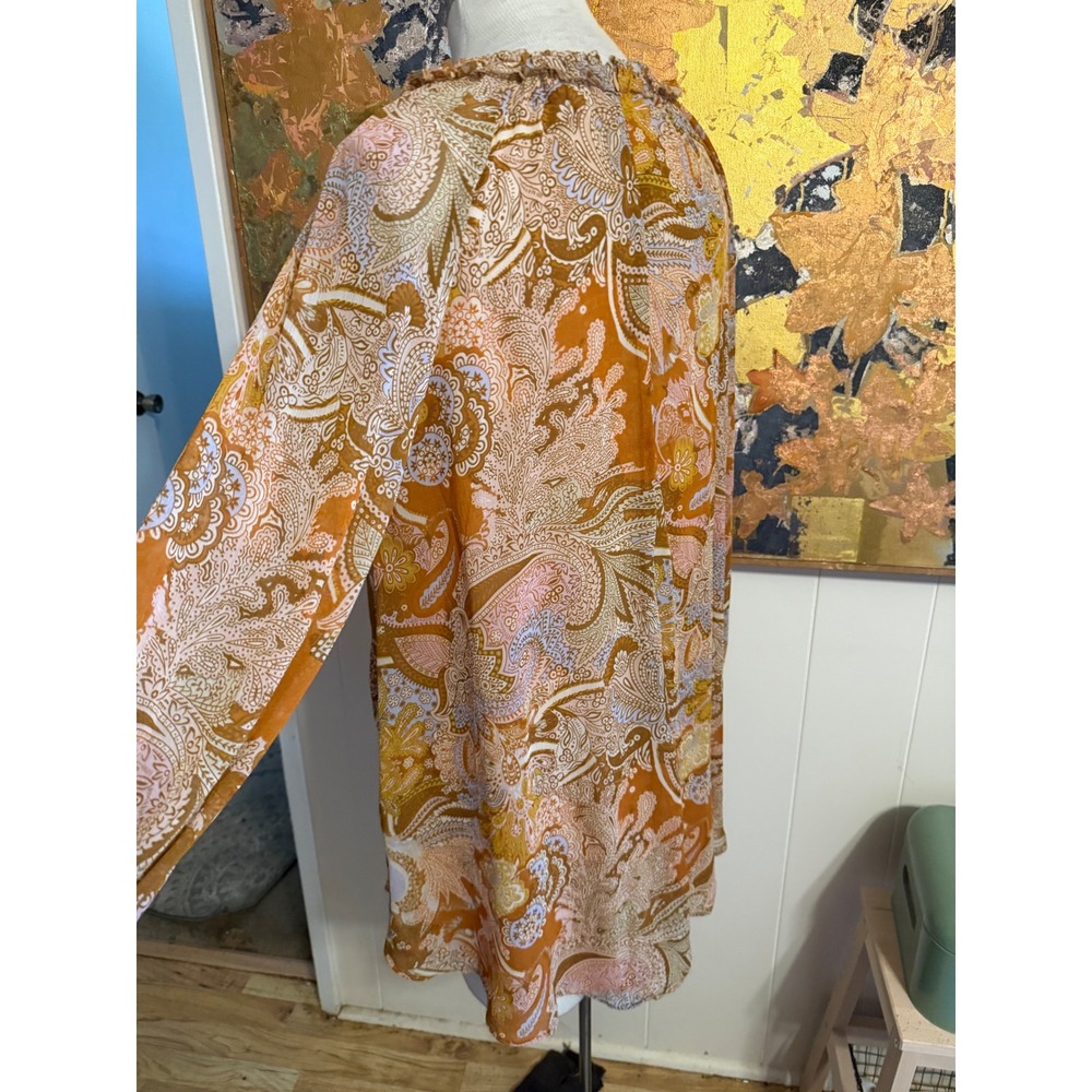 Haute Hippe Paisley Earth Tones Flowy Mini Dress W/Lacing Neck Small